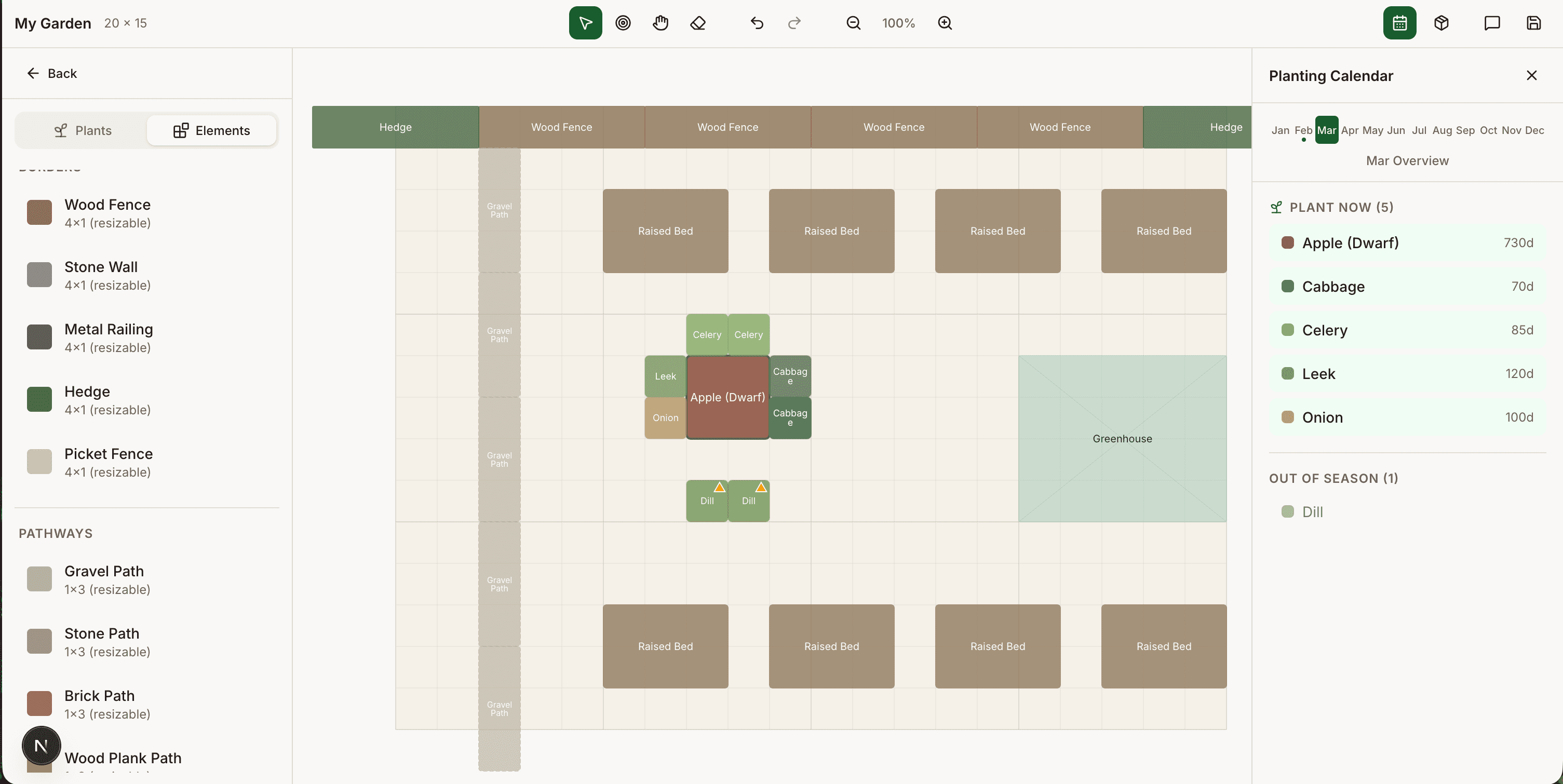 Drag-and-drop garden editor with canvas grid and planting calendar
